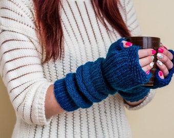 Handmade Fingerless Gloves in Iridescent Blue for Women - Winter Knitted Sleeves, Long Arm Warmers, Christmas Gift