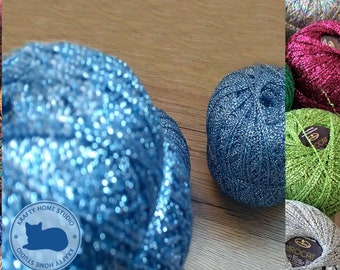 Light blue glitter yarn, metallic thread with shimmer, soft sparkle yarn, crochet, knitting yarn, embellishment, brocade craft supply