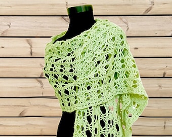 Handmade green shawl, 78 inches rectangle lace scarf, summer evening cotton wrap sea holiday accessory, cotton cloak pale green mesh scarf