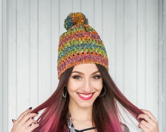 Bonnet panaché avec pompon duveteux fait main, bonnet au crochet, accessoire de tête d'hiver fait main, bonnet chaud pour femme, bonnet chaud végétalien