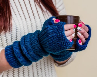Handmade Fingerless Gloves in Iridescent Blue for Women - Winter Knitted Sleeves, Long Arm Warmers, Christmas Gift