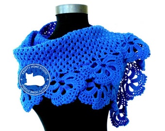 Blue crochet scarf, handmade shawl with lace edge, long scarf, triangle scarf, cotton shawl