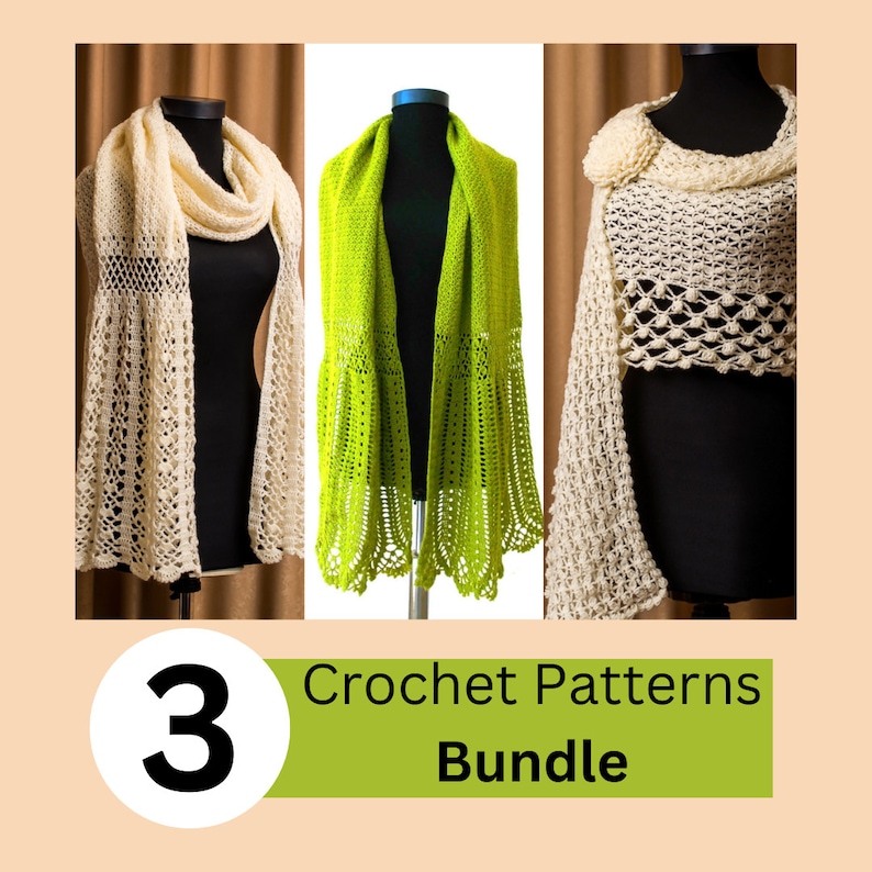 Crochet Patterns Bundle Scarf Crochet Patterns Crochet Shawl long Wide Shawl Instant Download PDF Patterns 1011, 1019, 1031 image 1