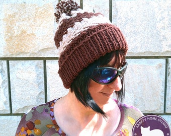 Knit Beanie Pattern, knitted beanie pattern in two colors, knitting beanie with pom pom pattern, Instant Download 3002