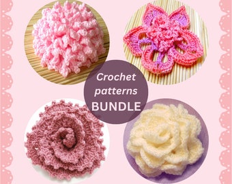 4 Crochet Flower Pattern Collection Crochet broach Bundle PDF beginners patterns Instant Download 5002, 5004, 5021,5024