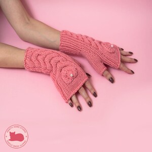 Salmon Pink Fingerless Gloves with Hearts Hand-Knitted Wool Mittens for Women image 4