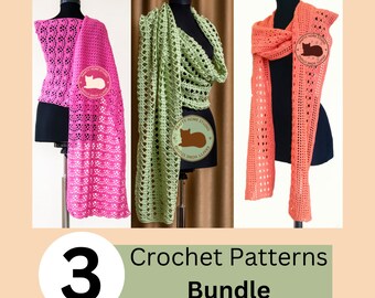 Crochet Patterns Bundle, Scarf Crochet Patterns, Crochet Shawl, long Wide Shawls, Instant Download, PDF Patterns 1001, 1010A, 1039