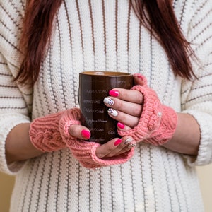 Salmon Pink Fingerless Gloves with Hearts Hand-Knitted Wool Mittens for Women image 3