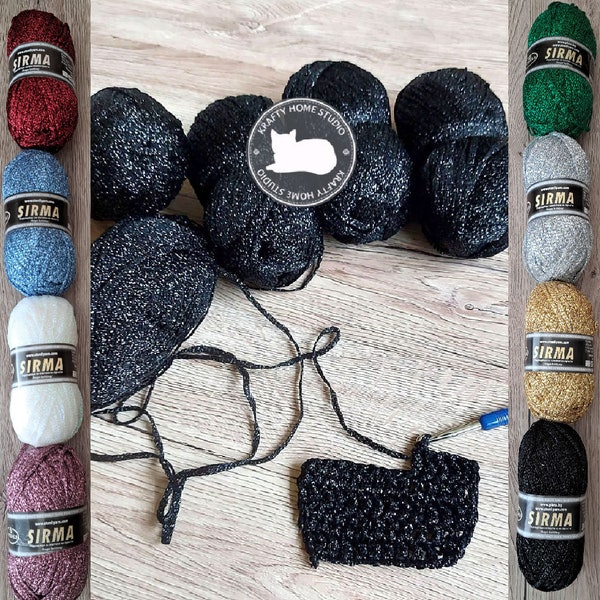 Black glitter yarn, soft metallic stripe thread, yarn with shimmer, sparkle crochet, shiny knitting, embellishment, craft supply, decoration