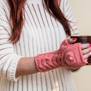 Salmon Pink Fingerless Gloves with Hearts Hand-Knitted Wool Mittens for Women image 6