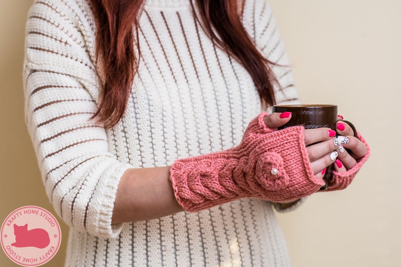 Salmon Pink Fingerless Gloves with Hearts Hand-Knitted Wool Mittens for Women image 6