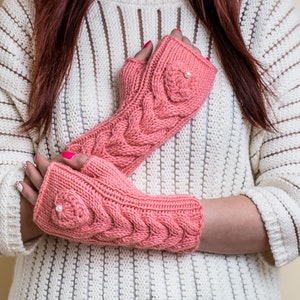 Salmon Pink Fingerless Gloves with Hearts Hand-Knitted Wool Mittens for Women image 1