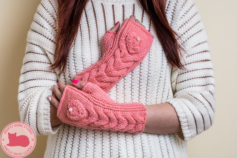 Salmon Pink Fingerless Gloves with Hearts Hand-Knitted Wool Mittens for Women image 1