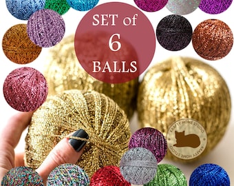 Shiny Lame Yarn Set for Decor and More: 6 Balls of 2 Sport Weight Yarn in Various Colors - Perfect for Crochet, Knitting, and DIY Projects