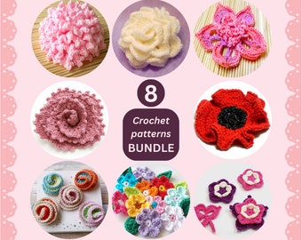 8 Crochet Flower Pattern Collection Crochet Appliques Bundle PDF beginners patterns Instant Download 5002,5003,5004,5010,5021,5024,5025,5050