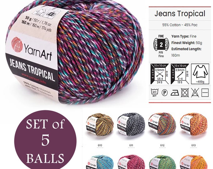 Cotton Yarn, Yarnart Jeans Tropical, Knitting Yarn, Crochet Yarn, Soft Baby Yarns, Jeans Yarn