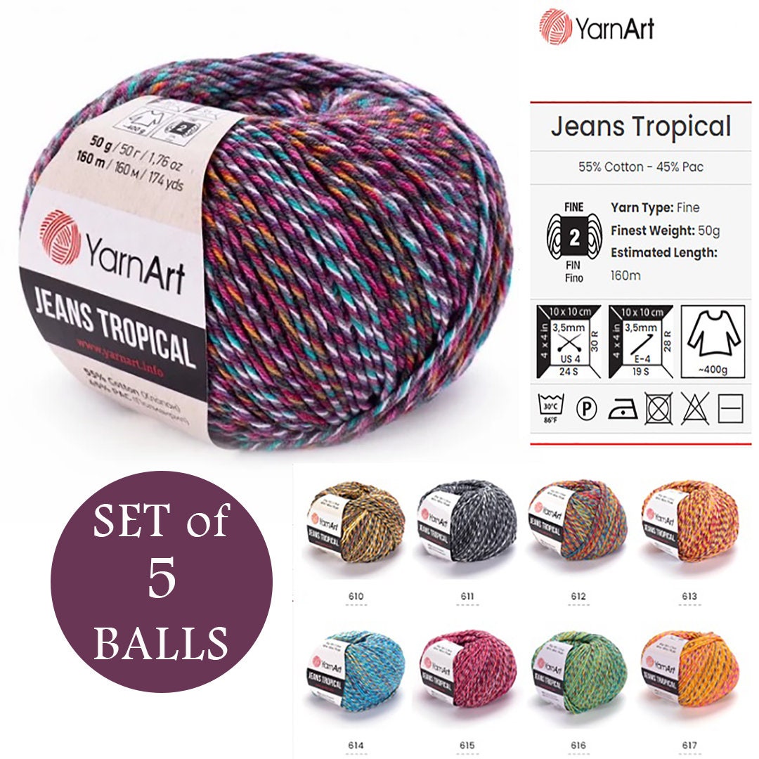 YarnArt Jeans Tropical cotton blend yarn, Multi (#612), lot of 2