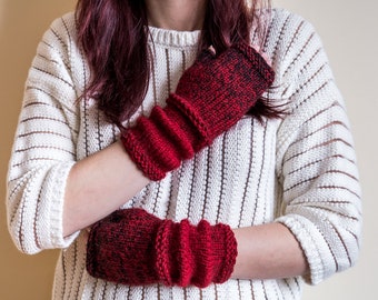 Perfect pair of medium length hand-knitted gloves in iridescent red and black, Hand-knitted gloves, knit Fingerless gloves