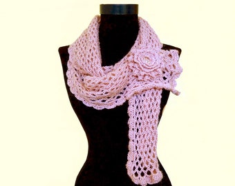 Long scarf with beaded brooch, Crochet lace scarf, pink neck warmer handmade necklace, soft angora scarf, mesh woman accessory