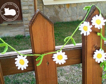 Crochet daisy garland with leaves, large daisies bunting, farmhouse summer decor, daisies with leaves garland Pattern, Instant Download 5023