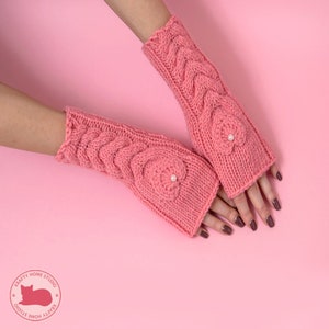 Salmon Pink Fingerless Gloves with Hearts Hand-Knitted Wool Mittens for Women image 7