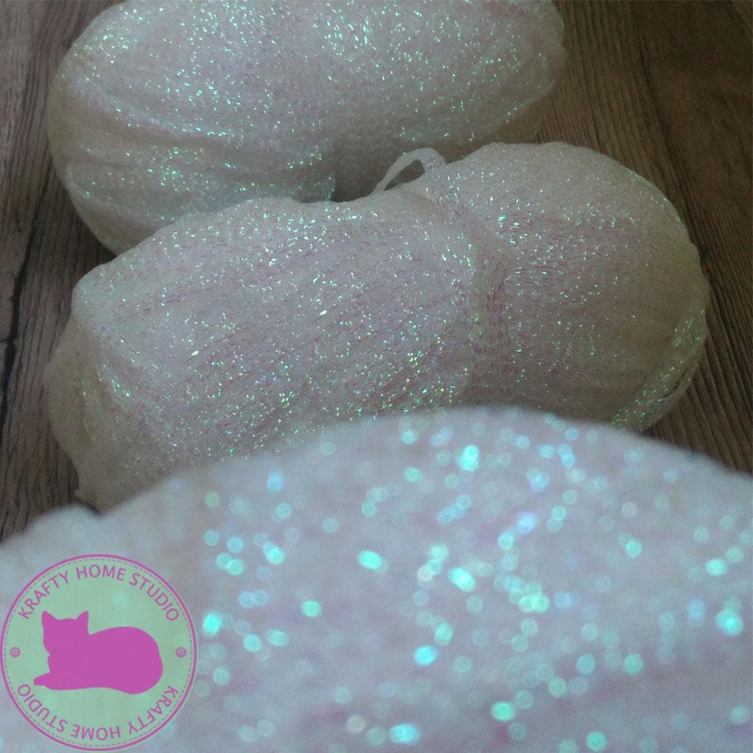 Opal white Stripe yarn, Shimmer iridescent yarn, sparkly glitter shiny thread, opalescent metallic yarn, knitting, crochet, embellishment