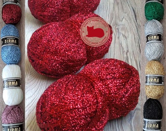 Red glitter yarn, soft metallic stripe thread, yarn with shimmer, sparkle, crochet, shiny knitting, embellishment, craft supply, decoration