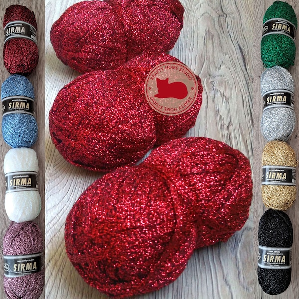 Red glitter yarn, soft metallic stripe thread, yarn with shimmer, sparkle, crochet, shiny knitting, embellishment, craft supply, decoration