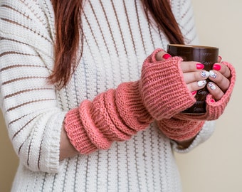 Salmon Pink Extra Long Fingerless Wool Gloves for Women - Soft, Warm, and Comfortable Arm Warmers with Open Fingers