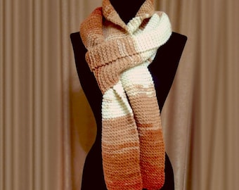 Long knit scarf, knitted winter scarf, multicolored handmade scarf, soft neck accessory,cream, brown, beige