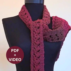 CROCHET PATTERN & VIDEO/ Crochet scarf pattern, long scarf crochet tutorial, easy crochet, Instant Download 1040