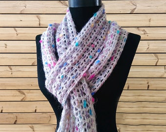 Écharpe longue panachée, écharpe en mohair au crochet, foulard, écharpe fine faite main, écharpe étroite, écharpe douce pour femme, écharpe gris clair