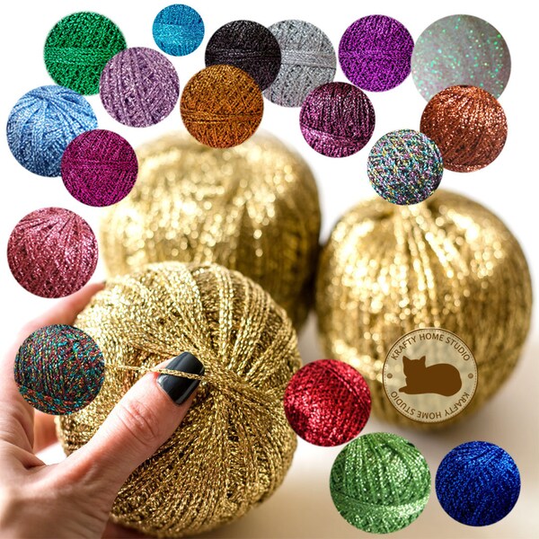 Glitter yarn, gold metallic, thread with shimmer, sparkle yarn, crochet, knitting, embellishment, color choice, blue, green, silver, red