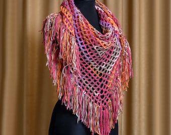 Crochet shawl with fringe, Handmade triangle wrap, Evening shawl wrap, spring wrap, Knitted mesh scarf