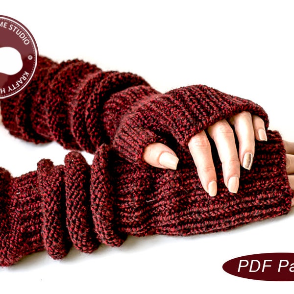 Knit fingerless gloves pattern, long gloves,  knit mittens with thumb,  knitted gloves knitting tutorial, Instant Download 6002