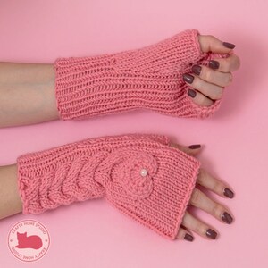 Salmon Pink Fingerless Gloves with Hearts Hand-Knitted Wool Mittens for Women image 5