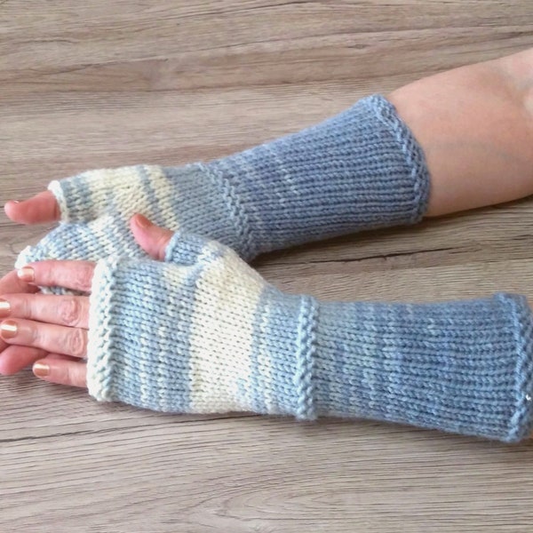Iridescent blue to white colored gloves knitted Batik Fingerless Glov for women hand crafted medium length mittens for teenagers and ladies