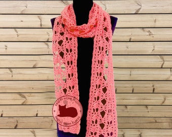 Long lace scarf, Women Lacy scarf, Crochet Rectangle long lace scarf, salmon pink neck accessory