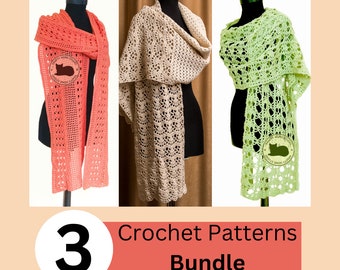 Crochet Patterns Bundle | Scarf Crochet Patterns | Crochet Shawl | long Wide Shawl | Instant Download | PDF Patterns 1010A, 1034, 1039