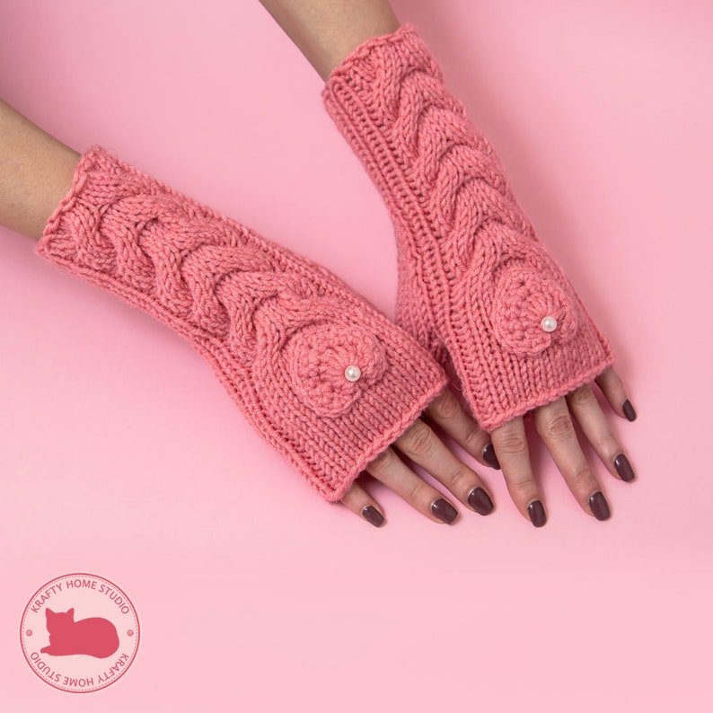 Salmon Pink Fingerless Gloves with Hearts Hand-Knitted Wool Mittens for Women image 2