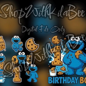 Puede incluir: Archivo digital con un personaje de dibujos animados azul sosteniendo una galleta, con el texto "BIRTHDAY BOY". Incluye imágenes de galletas, el número "1" y la palabra "ONE". El fondo es negro y azul.