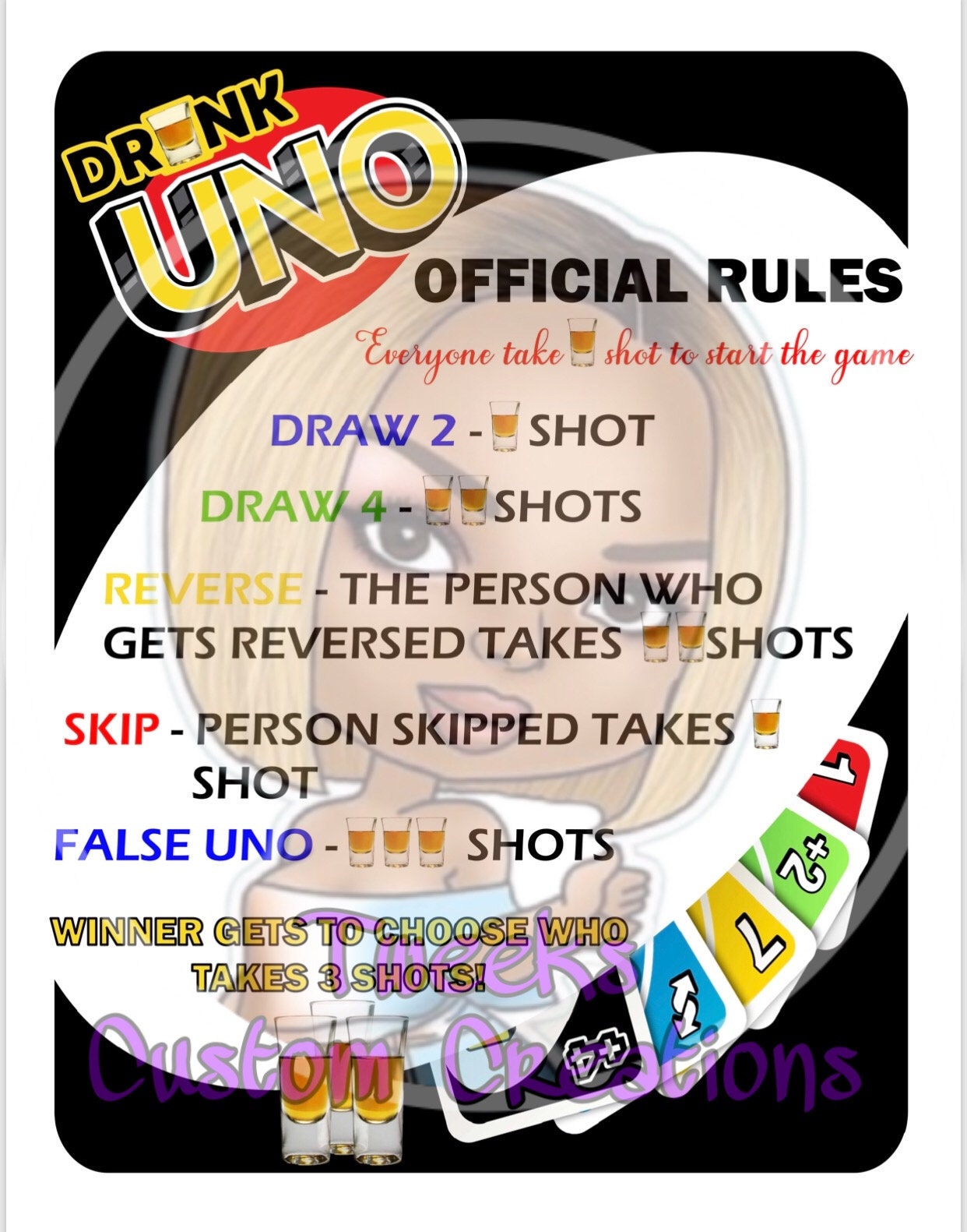 Drunk UNO Rules Card Instant Download Drinking Game Shots 