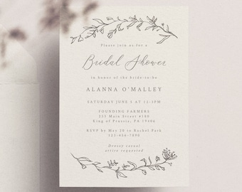 Bridal Shower Invitation, Calligraphy Botanical Printable Template, DIY Editable Text, Templett #4142