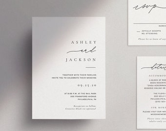 GWEN | Minimalist Script, Modern Minimal Wedding Invitation Template, Editable File, Templett #2543