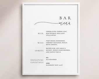 Modello di menu minimalista per bar di nozze: cocktail esclusivi (file digitale)