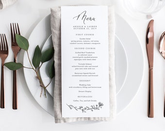 Modello di menu di nozze calligrafico: illustrazione botanica (stampabile)