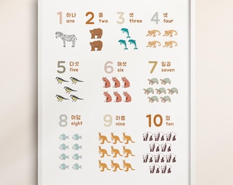 Korean Numbers Poster: Bilingual Animal Print, Nursery Decor (Digital Download) #179