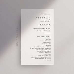 May include: Printable wedding ceremony program with the names Rebekah and Jeremy, the date Saturday, November 28, 2022, and the location Loft 199 - Brooklyn, NY. The program lists the order of events for the ceremony, including the prelude, seating of parents, processional, opening words, reading, exchange of vows and rings, lighting of unity candle, greeting of parents, special song, presentation of the couple, and recessional.