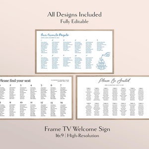 May include: Three printable wedding seating chart designs with a wood frame effect. The first chart is titled "Our Favorite People" and features a blue illustration of a pitcher pouring water into a stack of cups. The second chart is titled "Please find your seat" and features a numbered seating chart. The third chart is titled "Please Be Seated" and features a table seating chart.