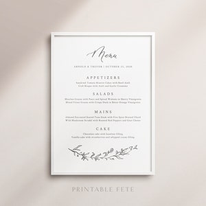 Pu&ograve; includere: Un menu di nozze stampabile con sfondo bianco e testo nero. Il menu include antipasti, insalate, piatti principali e dessert. Il testo recita "Menu", "Arnold & Trevor", "11 ottobre 2016", "Antipasti", "Insalate", "Piatti principali", "Dessert" e "Printable Fete".